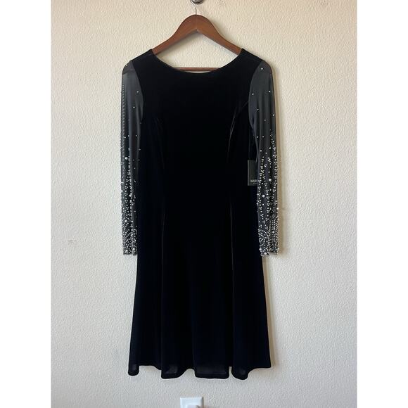 Marina Black Velvet A-Line Dress Sz M Mesh Pearl Beaded Sleeves Elegant Formal - Picture 4 of 10